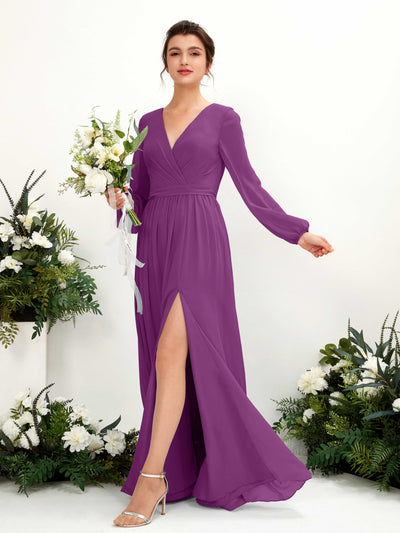 Carlyna A-Linien-Kleid V-Ausschnitt Beinschlitz Langarm Bodenlang Brautjungfernkleider Lila #farbe_lila