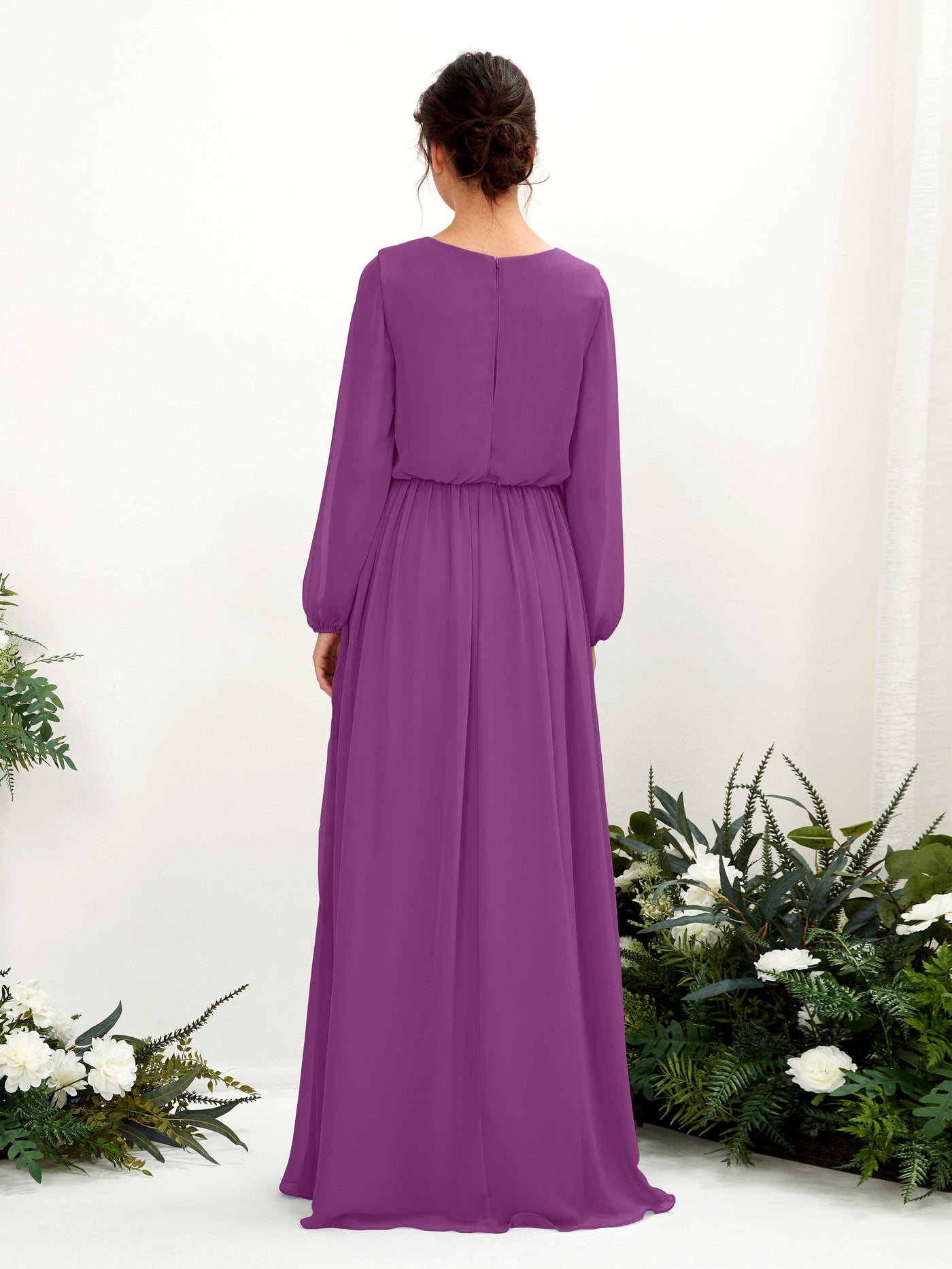 Carlyna A-Linien-Kleid V-Ausschnitt Beinschlitz Langarm Bodenlang Brautjungfernkleider Lila #farbe_lila