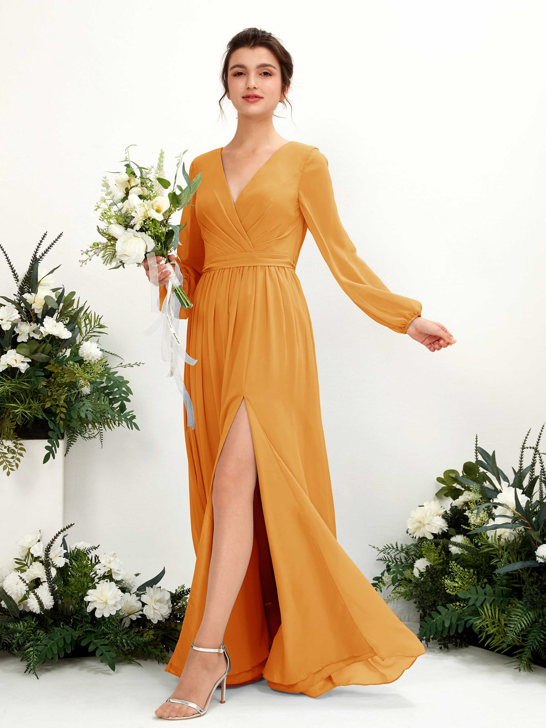 Carlyna A-Linien-Kleid V-Ausschnitt Beinschlitz Langarm Bodenlang Brautjungfernkleider Mango 