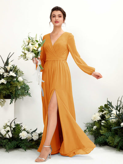 Carlyna A-Linien-Kleid V-Ausschnitt Beinschlitz Langarm Bodenlang Brautjungfernkleider Mango #farbe_mango