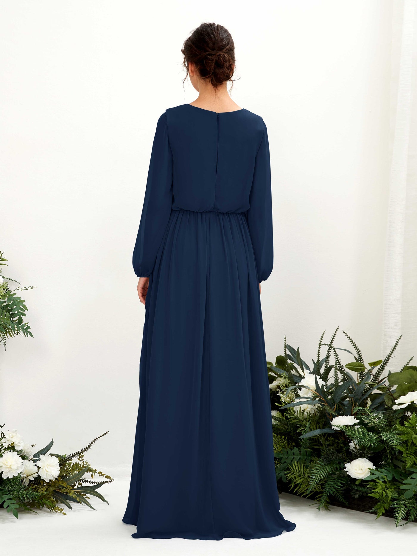 Carlyna A-Linien-Kleid V-Ausschnitt Beinschlitz Langarm Bodenlang Brautjungfernkleider Marineblau #farbe_marineblau