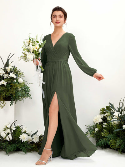 Carlyna A-Linien-Kleid V-Ausschnitt Beinschlitz Langarm Bodenlang Brautjungfernkleider Martini-Olive #farbe_martini-olive