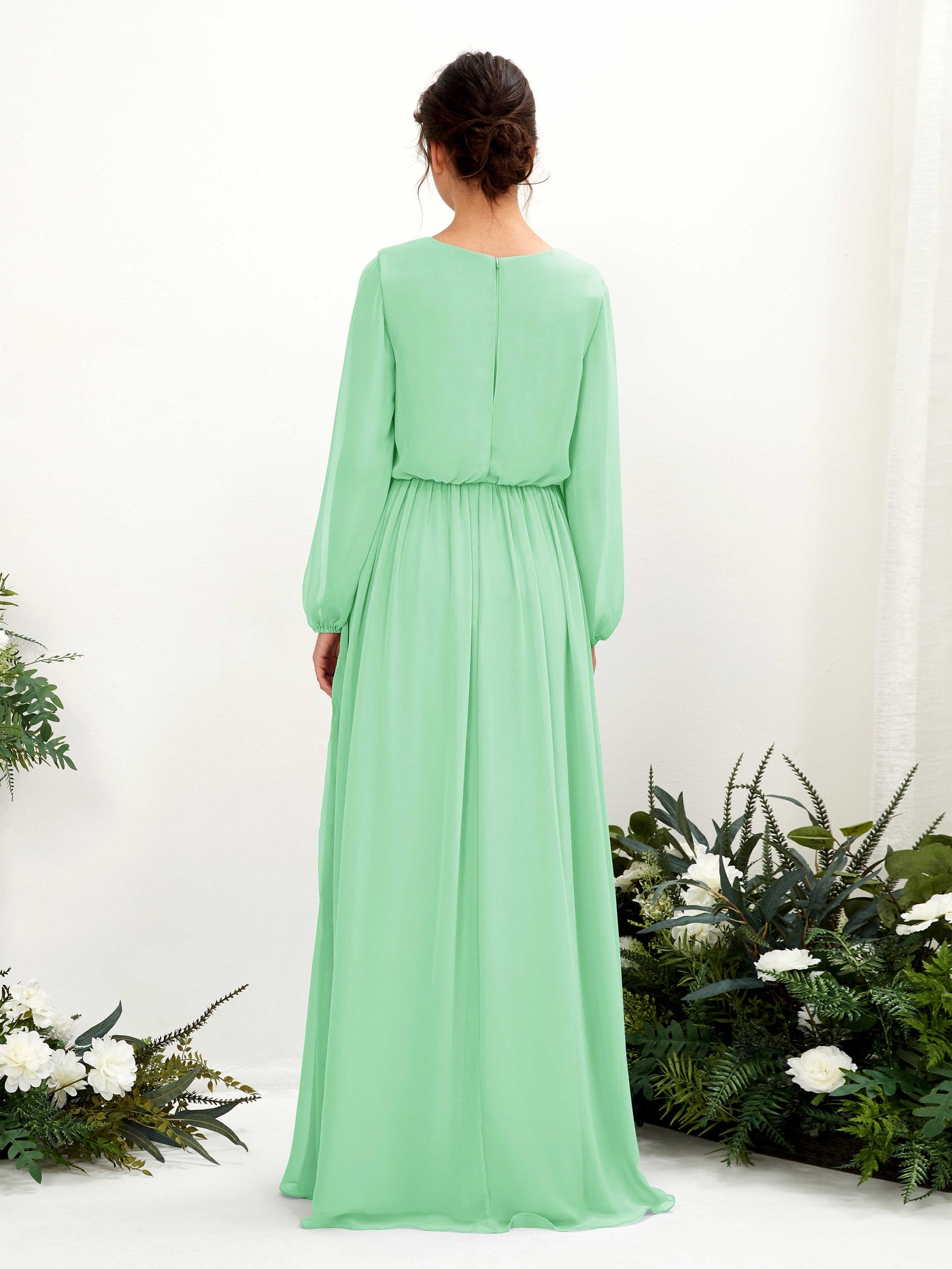 Carlyna A-Linien-Kleid V-Ausschnitt Beinschlitz Langarm Bodenlang Brautjungfernkleider Minzgrün #farbe_minzgr-n