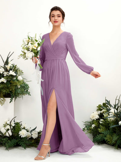 Carlyna A-Linien-Kleid V-Ausschnitt Beinschlitz Langarm Bodenlang Brautjungfernkleider Orchideen-Nebel #farbe_orchideen-nebel