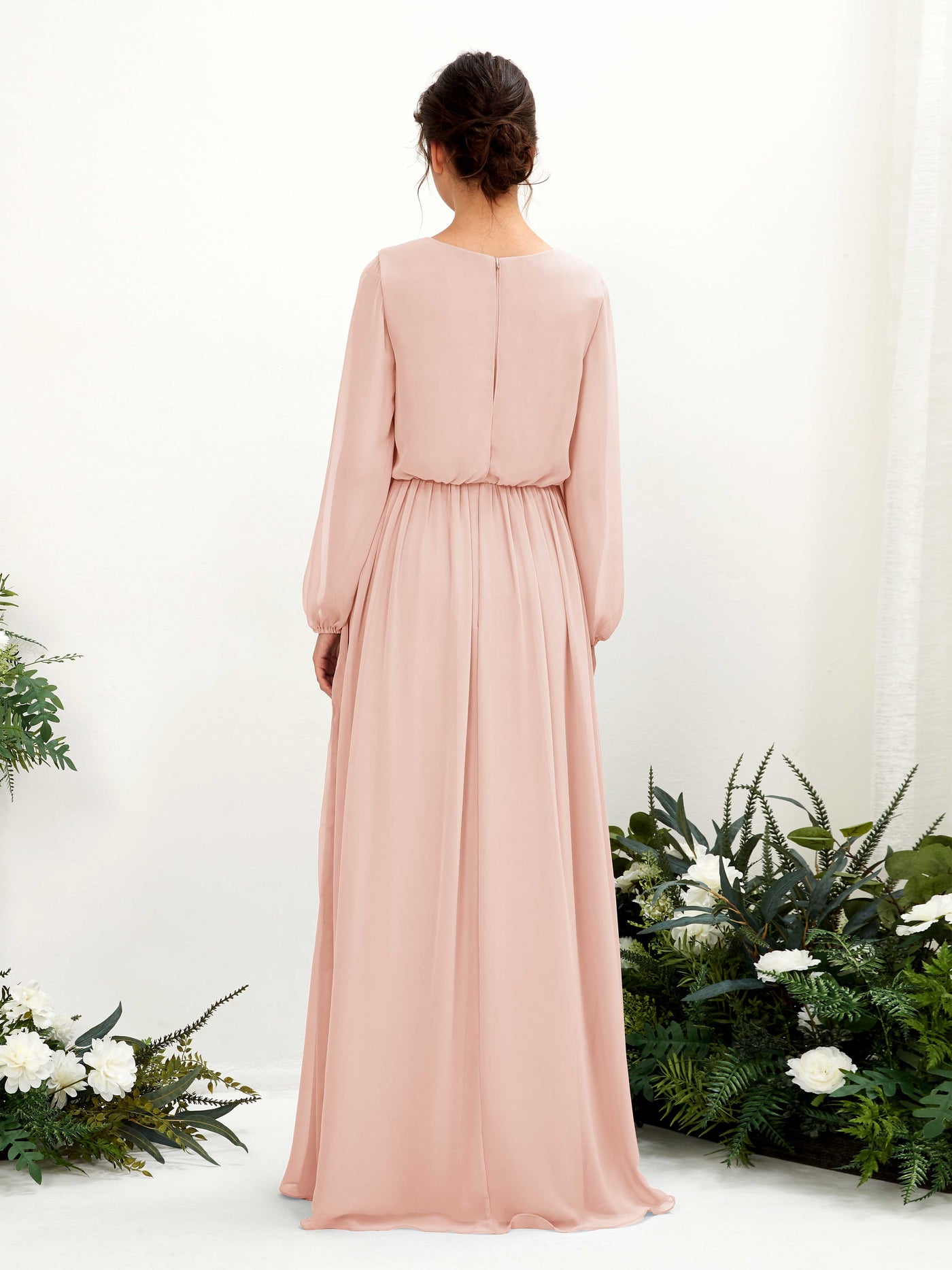 Carlyna A-Linien-Kleid V-Ausschnitt Beinschlitz Langarm Bodenlang Brautjungfernkleider Perlrosa #farbe_perlrosa