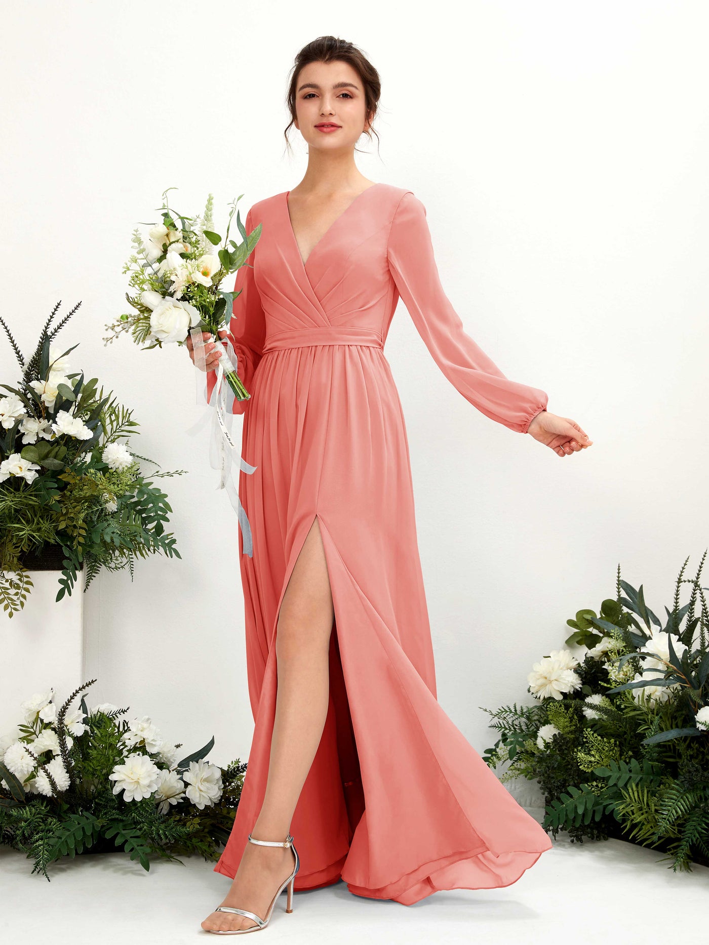 Carlyna A-Linien-Kleid V-Ausschnitt Beinschlitz Langarm Bodenlang Brautjungfernkleider Pfirsichrosa #farbe_pfirsichrosa