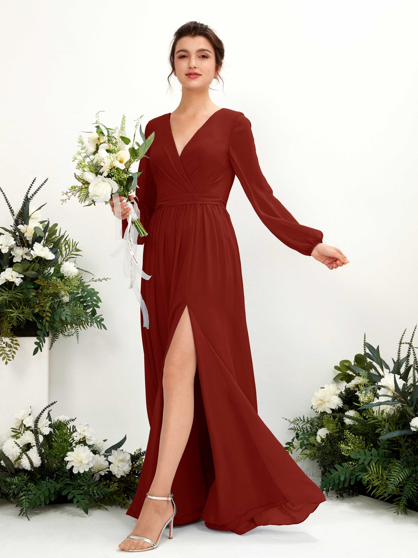 Carlyna A-Linien-Kleid V-Ausschnitt Beinschlitz Langarm Bodenlang Brautjungfernkleider Rostrot #farbe_rostrot