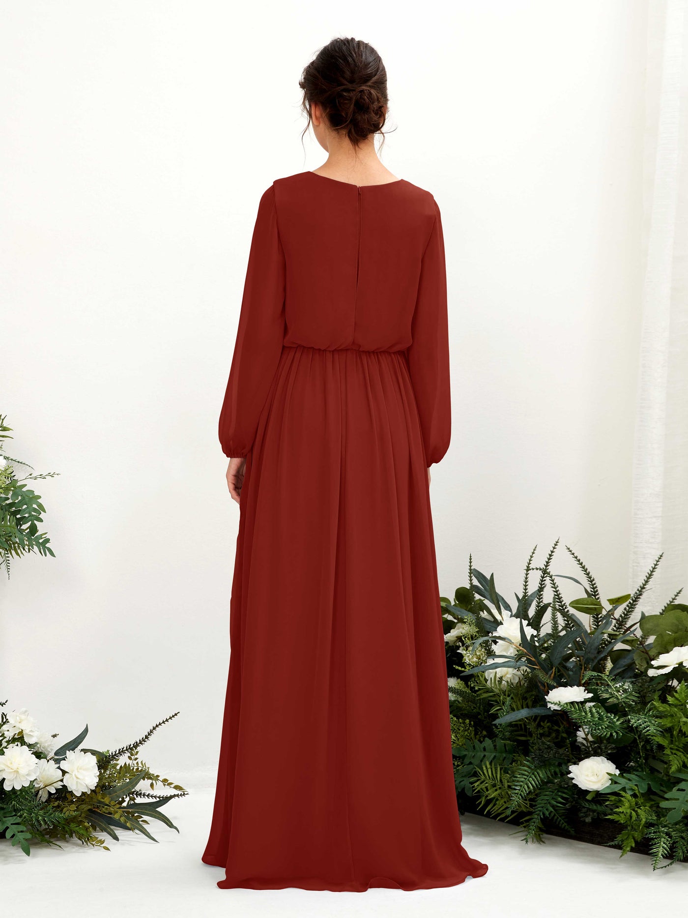 Carlyna A-Linien-Kleid V-Ausschnitt Beinschlitz Langarm Bodenlang Brautjungfernkleider Rostrot #farbe_rostrot