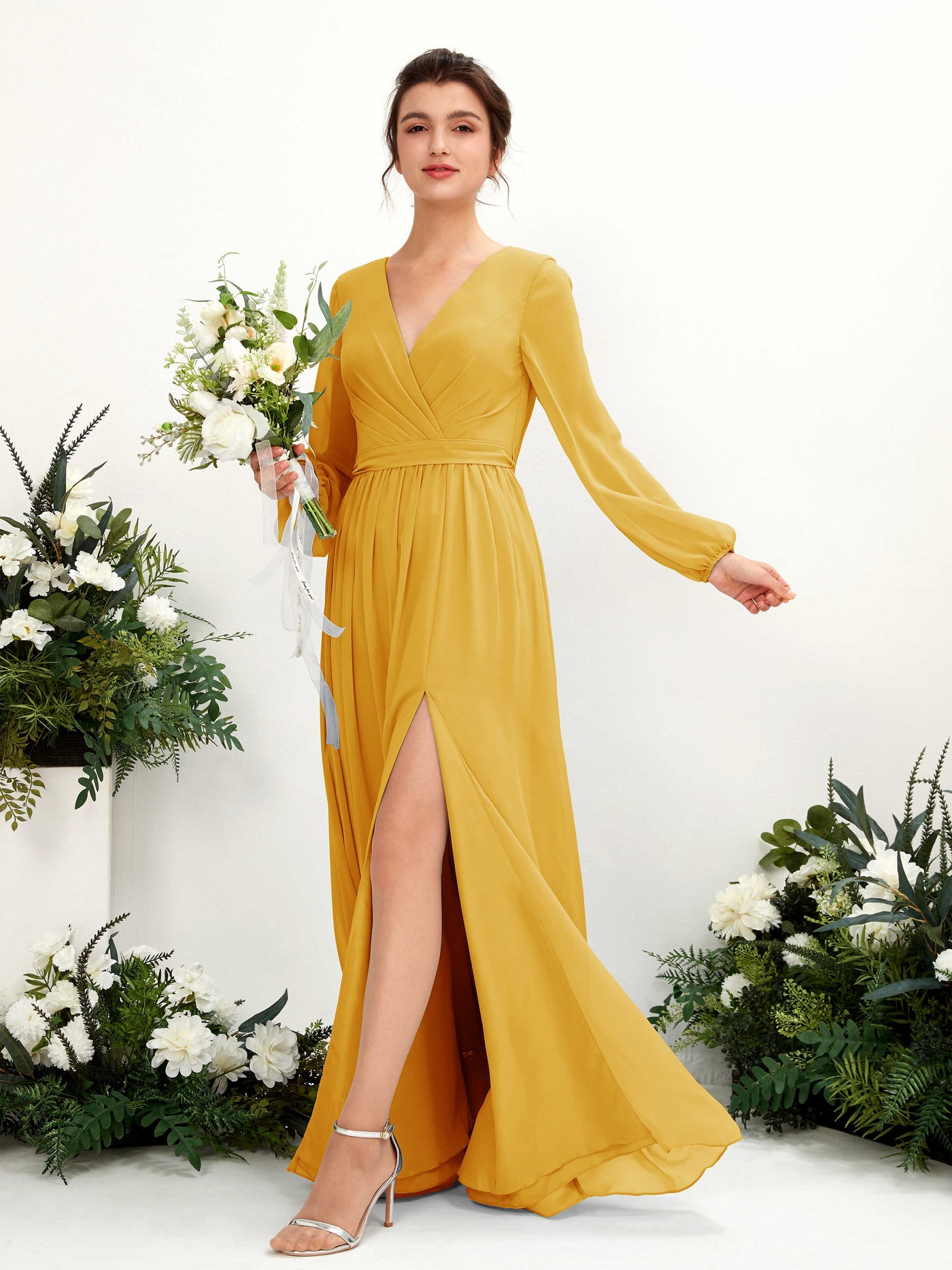 Carlyna A-Linien-Kleid V-Ausschnitt Beinschlitz Langarm Bodenlang Brautjungfernkleider Senfgelb #farbe_senfgelb