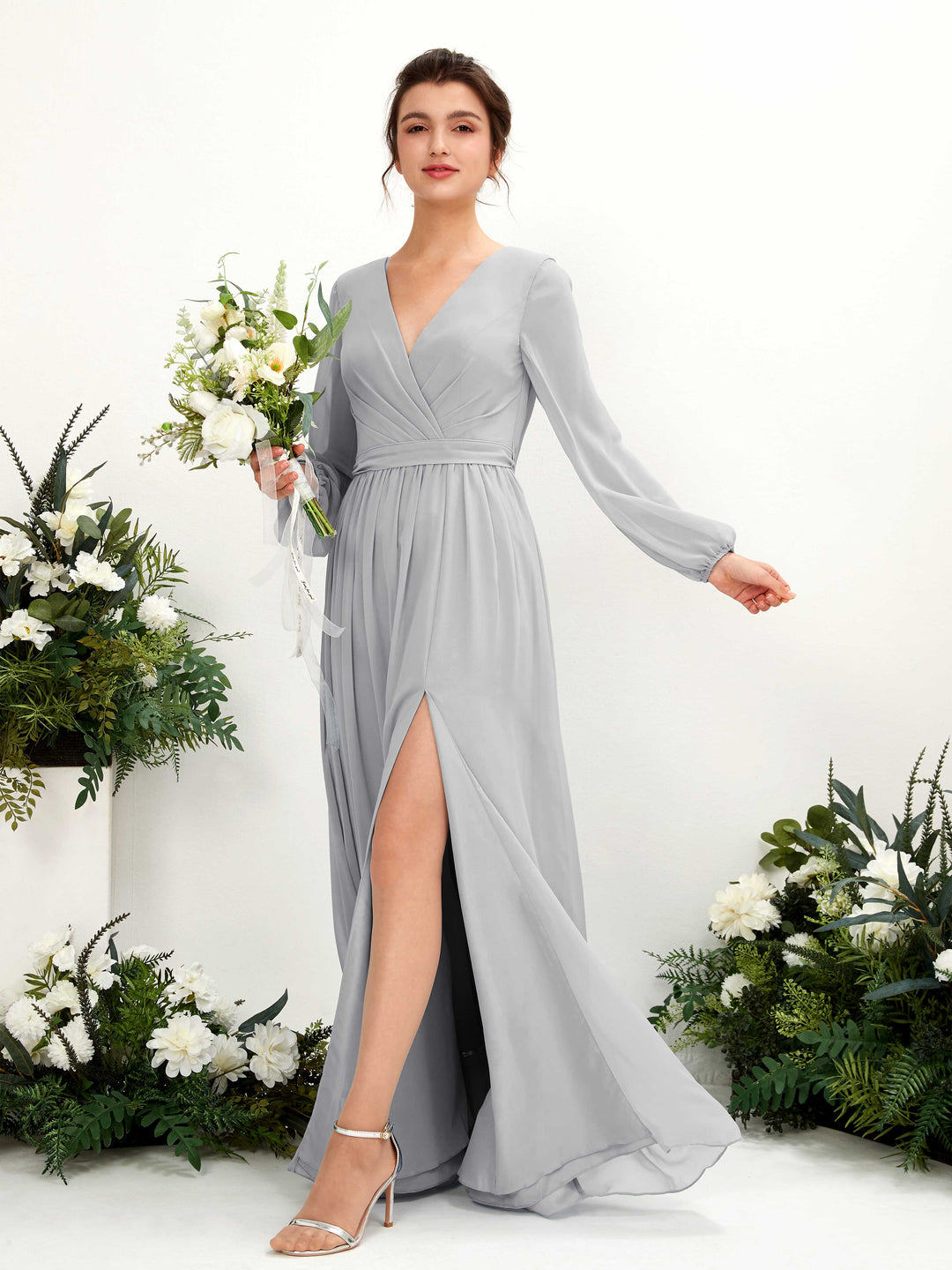 Carlyna A-Linien-Kleid V-Ausschnitt Beinschlitz Langarm Bodenlang Brautjungfernkleider Silber 