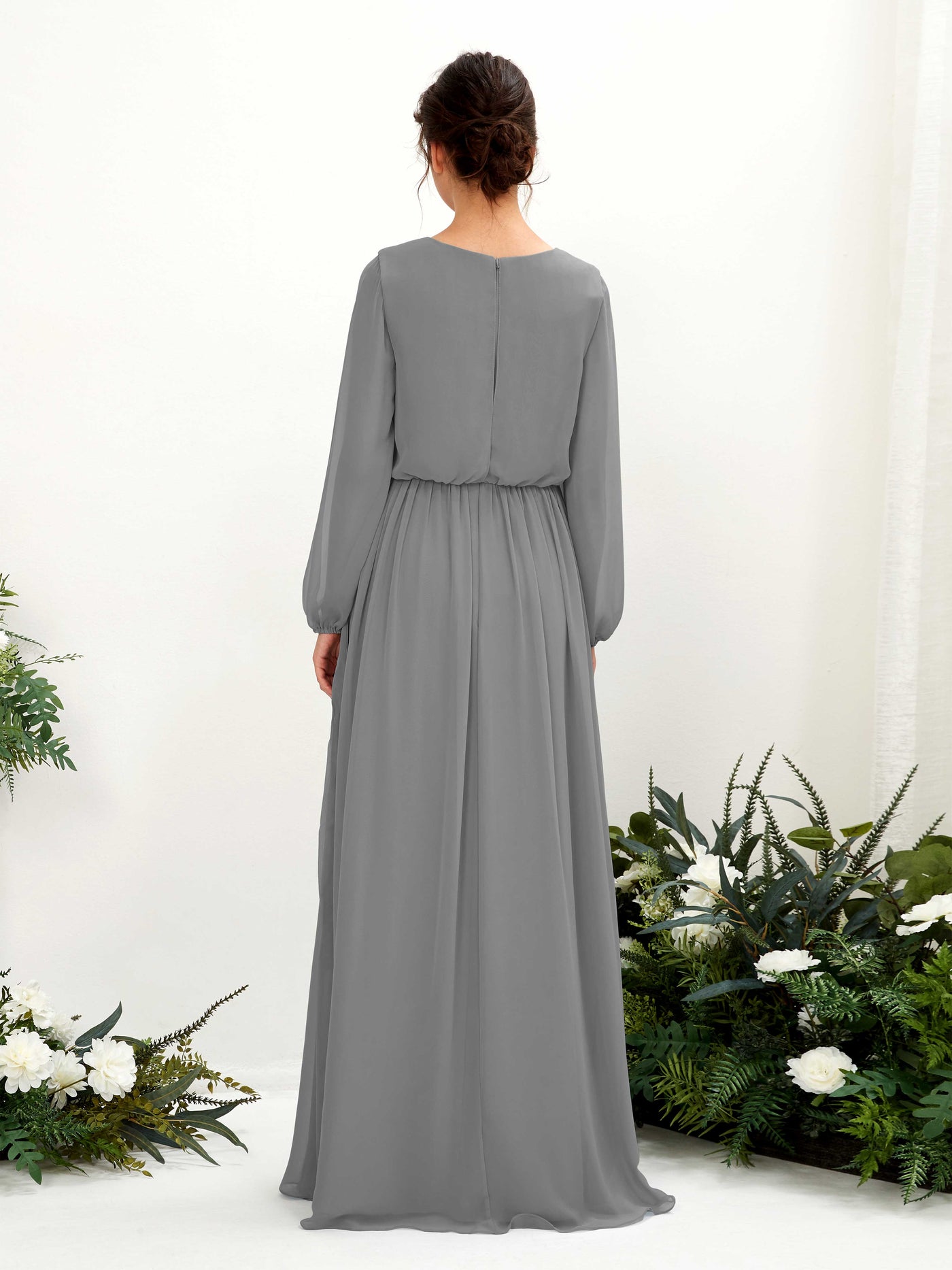 Carlyna A-Linien-Kleid V-Ausschnitt Beinschlitz Langarm Bodenlang Brautjungfernkleider Stahlgrau #farbe_stahlgrau
