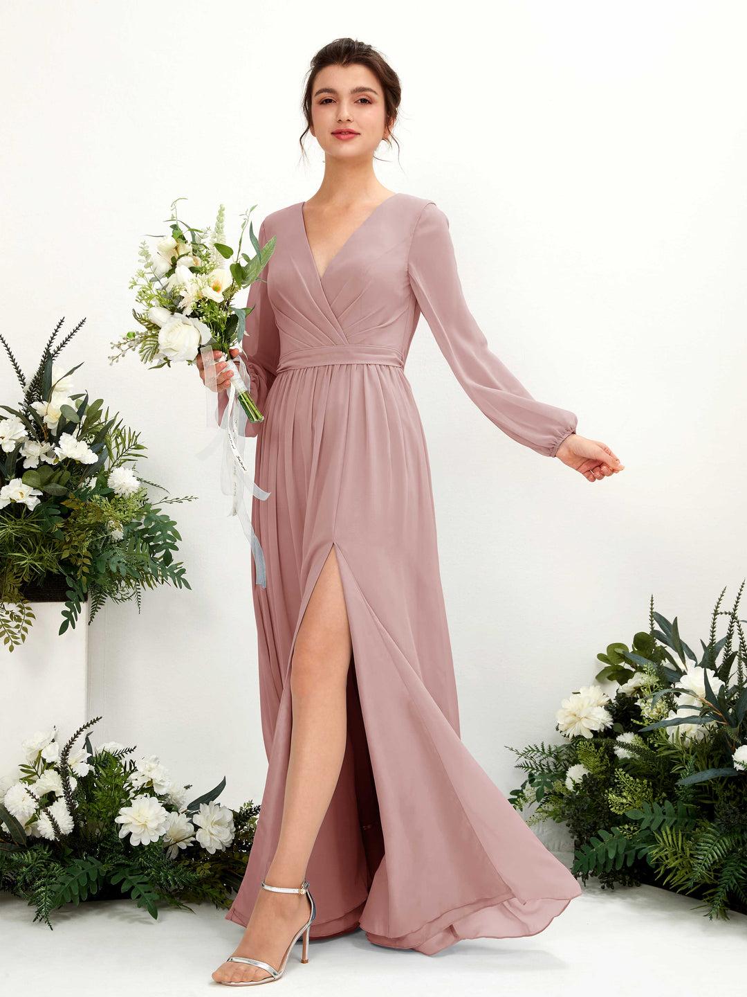 Carlyna A-Linien-Kleid V-Ausschnitt Beinschlitz Langarm Bodenlang Brautjungfernkleider Staubige Rose 