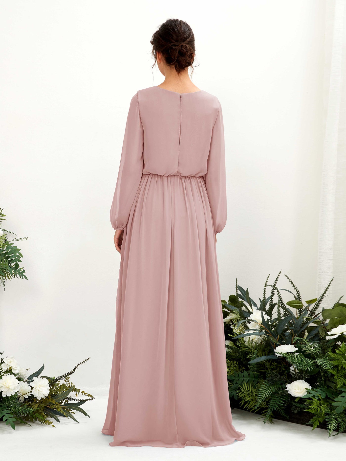 Carlyna A-Linien-Kleid V-Ausschnitt Beinschlitz Langarm Bodenlang Brautjungfernkleider Staubige Rose #farbe_staubige-rose