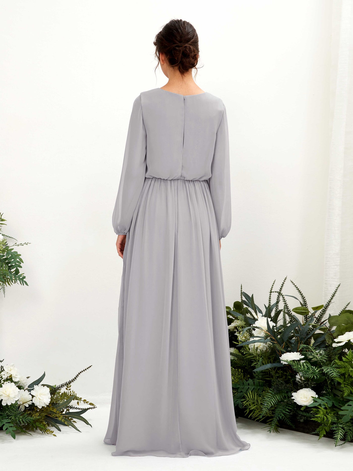 Carlyna A-Linien-Kleid V-Ausschnitt Beinschlitz Langarm Bodenlang Brautjungfernkleider Taube #farbe_taube