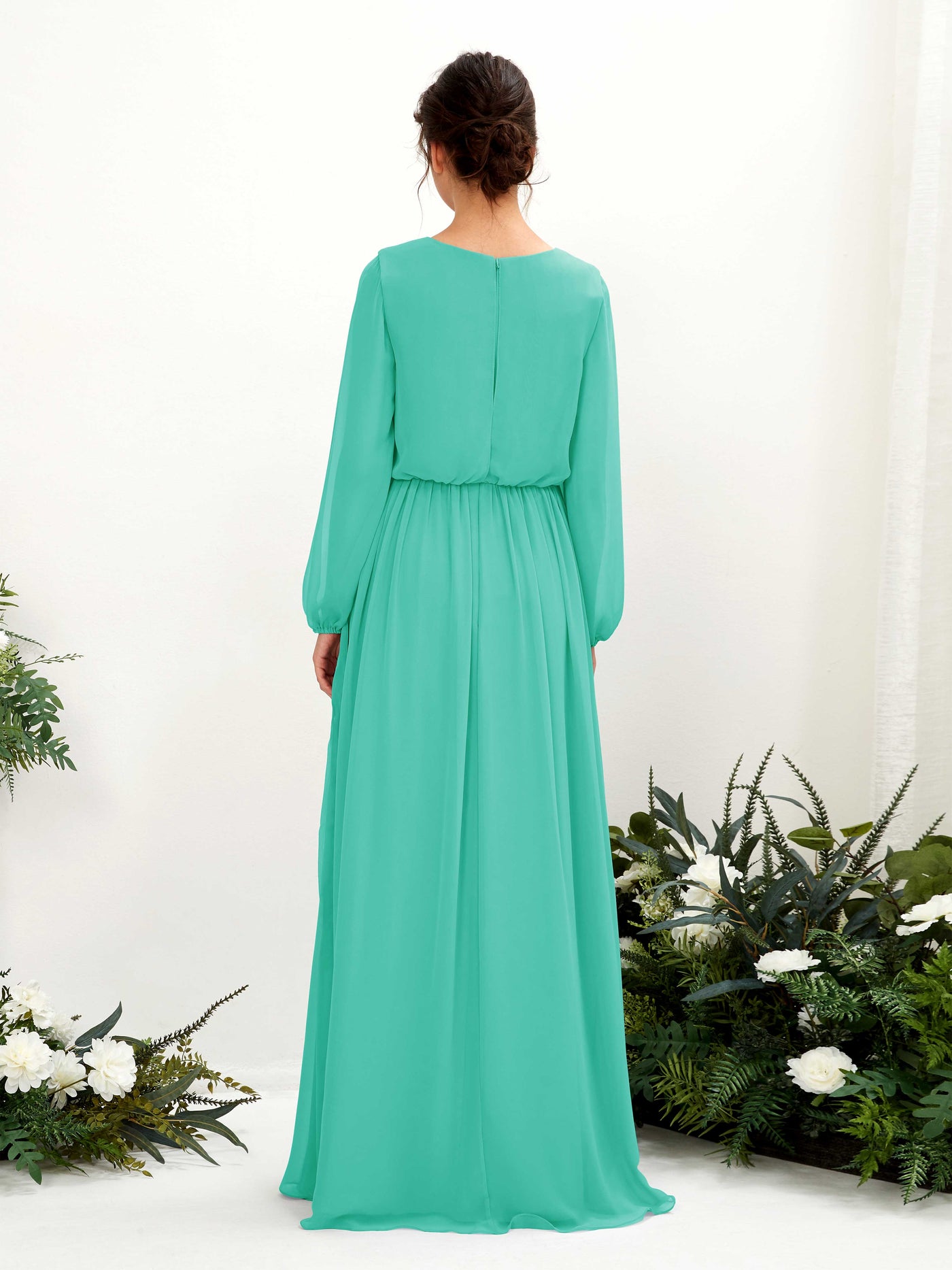 Carlyna A-Linien-Kleid V-Ausschnitt Beinschlitz Langarm Bodenlang Brautjungfernkleider Tiffany-Blau #farbe_tiffany-blau