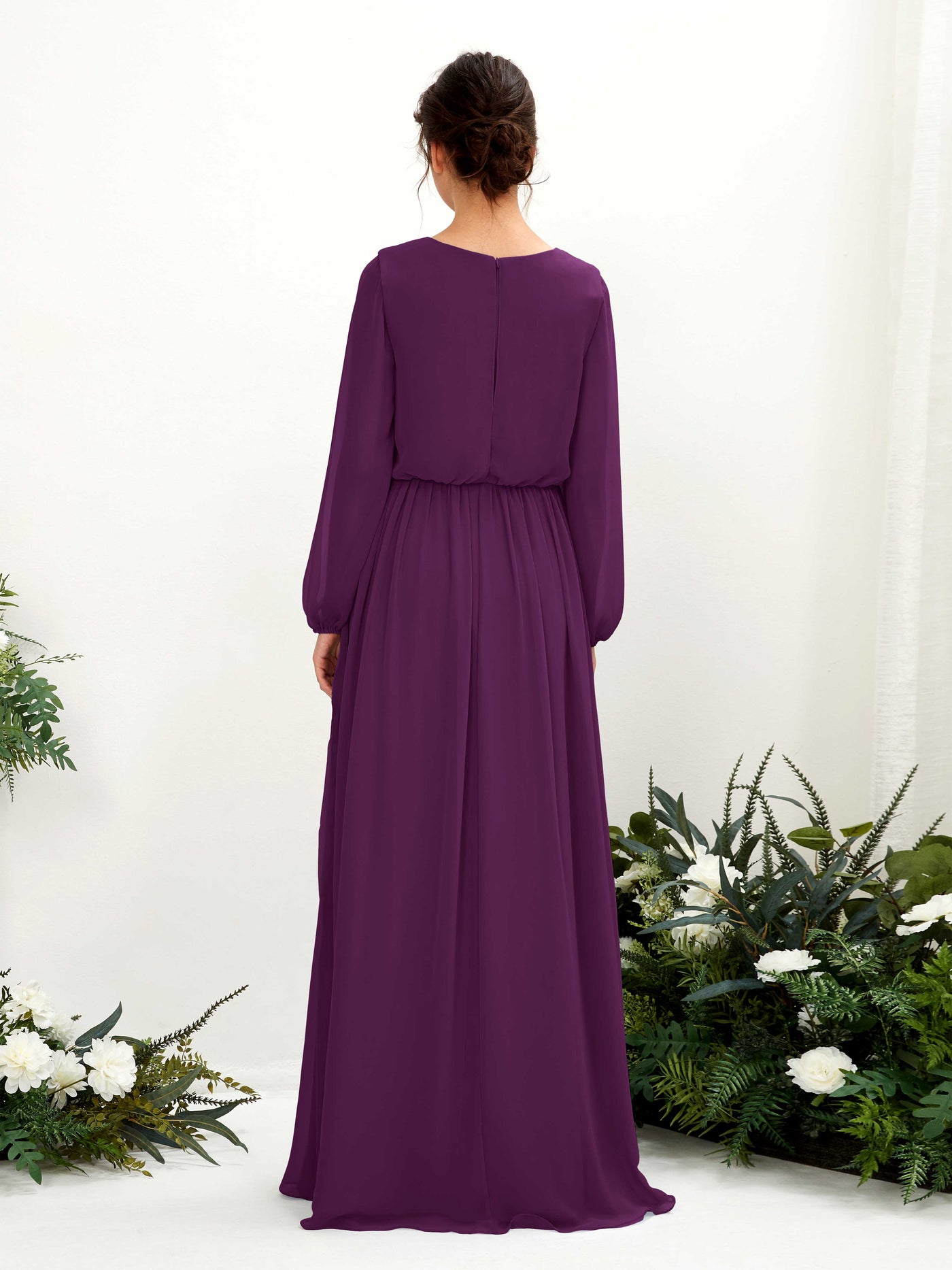 Carlyna A-Linien-Kleid V-Ausschnitt Beinschlitz Langarm Bodenlang Brautjungfernkleider Traube #farbe_traube