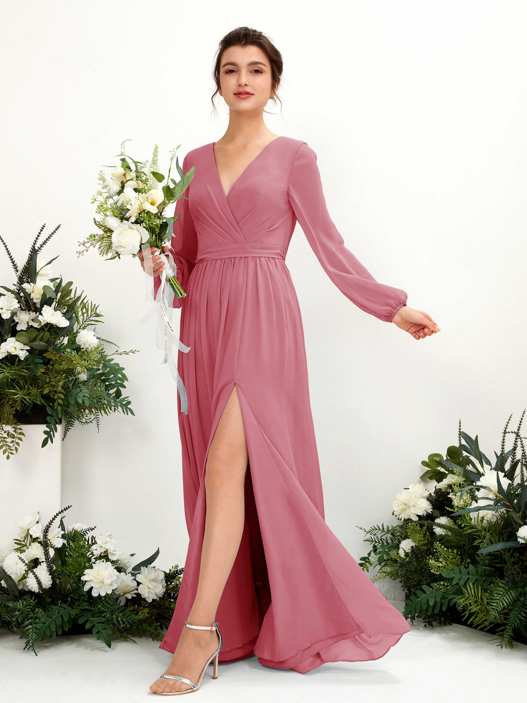 Carlyna A-Linien-Kleid V-Ausschnitt Beinschlitz Langarm Bodenlang Brautjungfernkleider Wüstenrose 