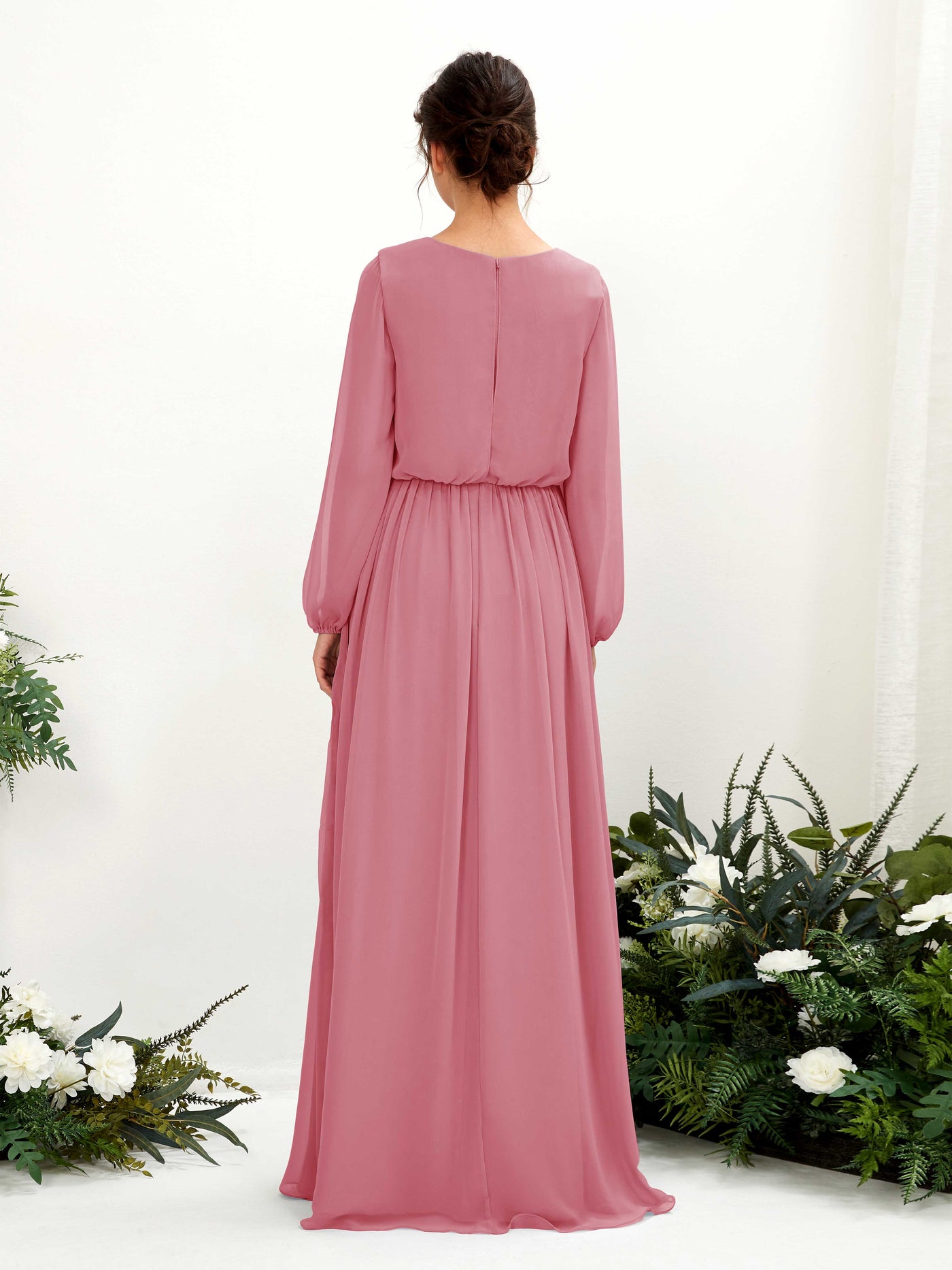 Carlyna A-Linien-Kleid V-Ausschnitt Beinschlitz Langarm Bodenlang Brautjungfernkleider Wüstenrose #farbe_w-stenrose