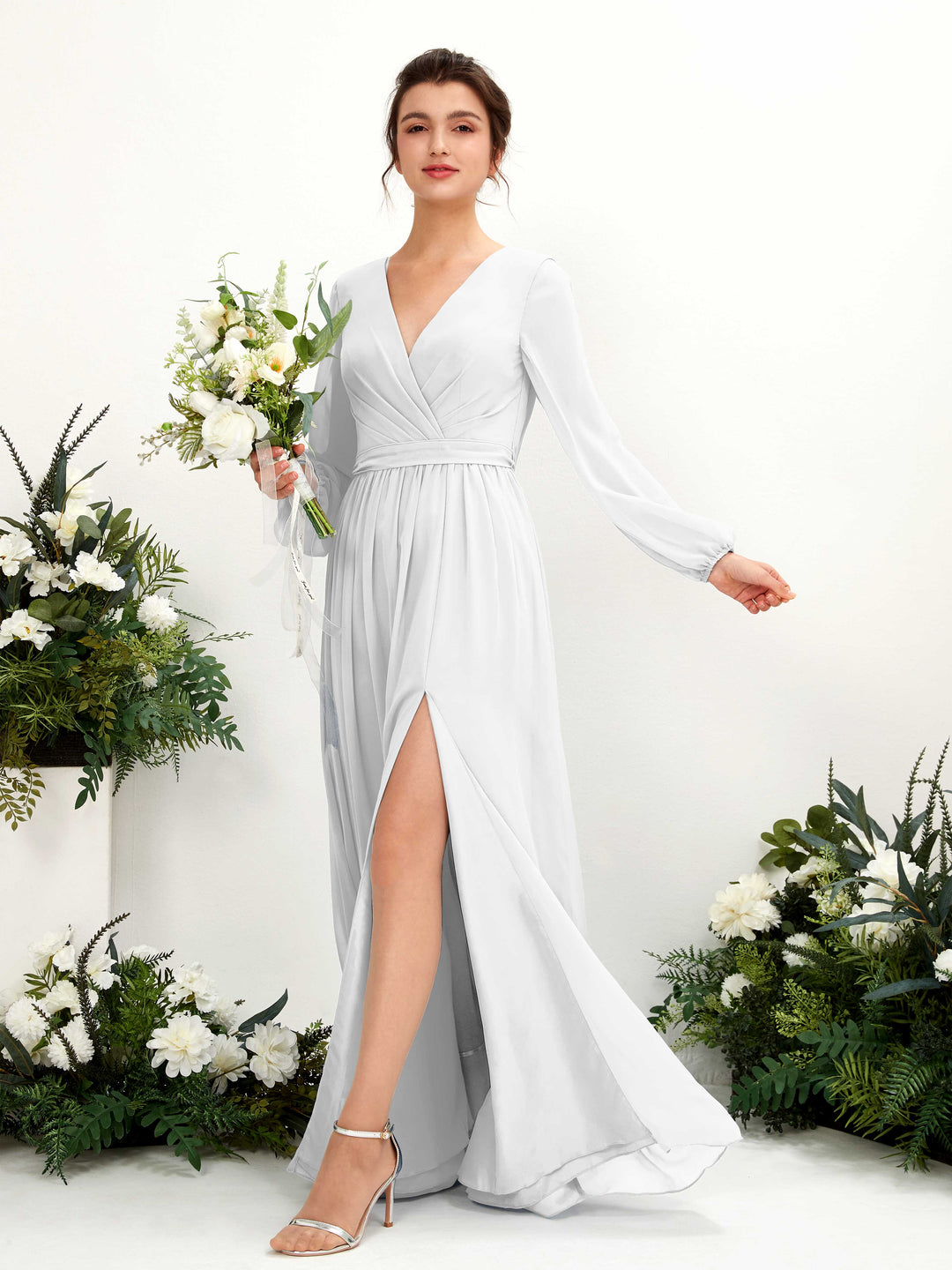 Carlyna A-Linien-Kleid V-Ausschnitt Beinschlitz Langarm Bodenlang Brautjungfernkleider Weiß 