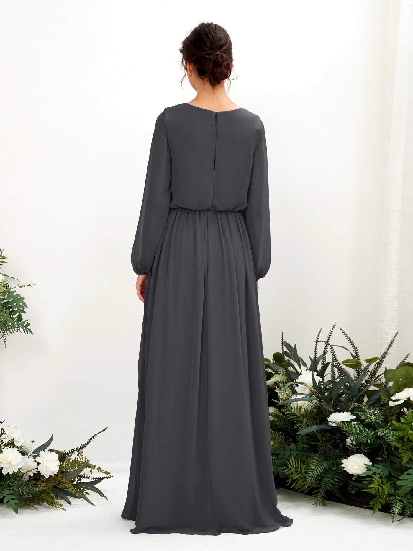 Carlyna A-Linien-Kleid V-Ausschnitt Beinschlitz Langarm Bodenlang Brautjungfernkleider Zinnfarben #farbe_zinnfarben