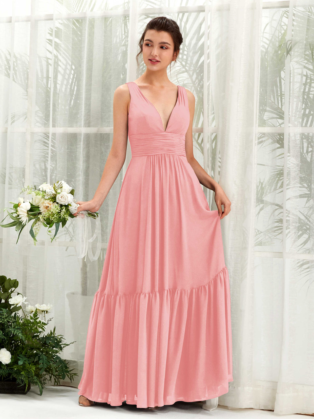 Carlyna A-Linien-Kleid V-Ausschnitt Bodenlang Brautjungfernkleid Ballettrosa 