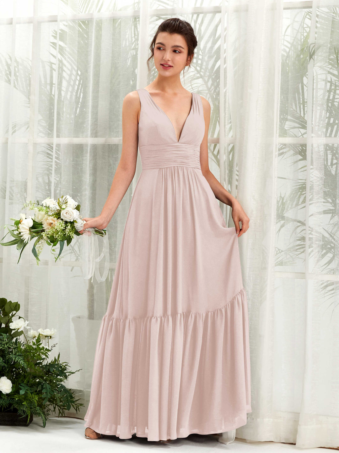 Carlyna A-Linien-Kleid V-Ausschnitt Bodenlang Brautjungfernkleid Biscotti 