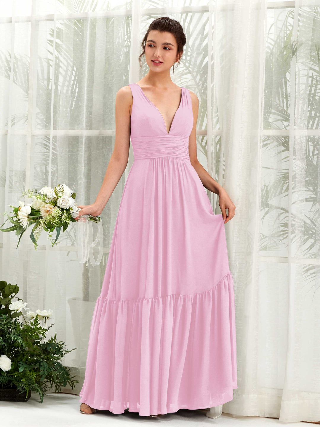 Carlyna A-Linien-Kleid V-Ausschnitt Bodenlang Brautjungfernkleid Bonbonrosa 