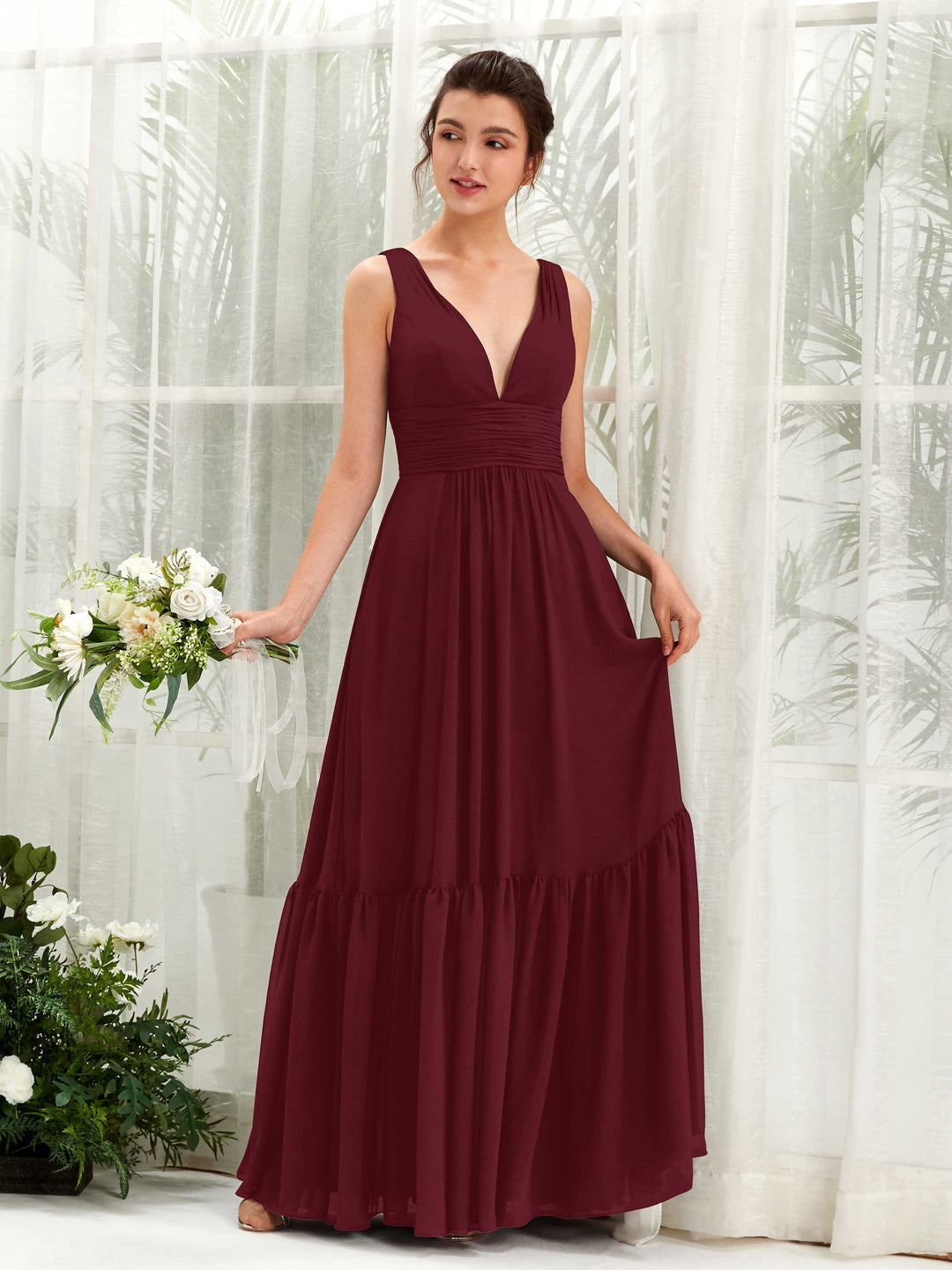 Carlyna A-Linien-Kleid V-Ausschnitt Bodenlang Brautjungfernkleid Burgunderrot 