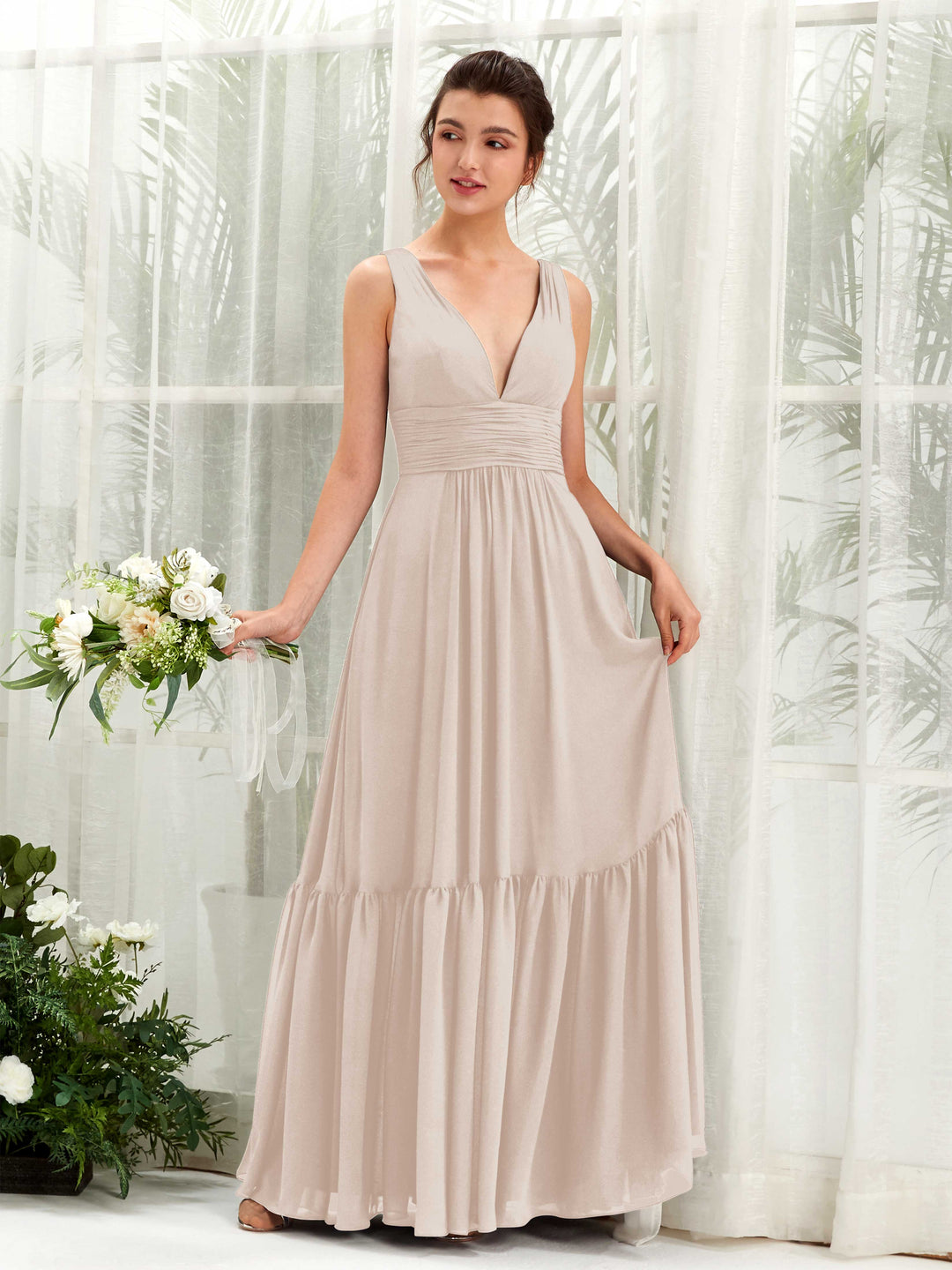 Carlyna A-Linien-Kleid V-Ausschnitt Bodenlang Brautjungfernkleid Champagner 