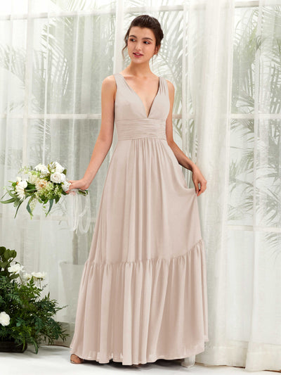 Carlyna A-Linien-Kleid V-Ausschnitt Bodenlang Brautjungfernkleid Champagner #farbe_champagner