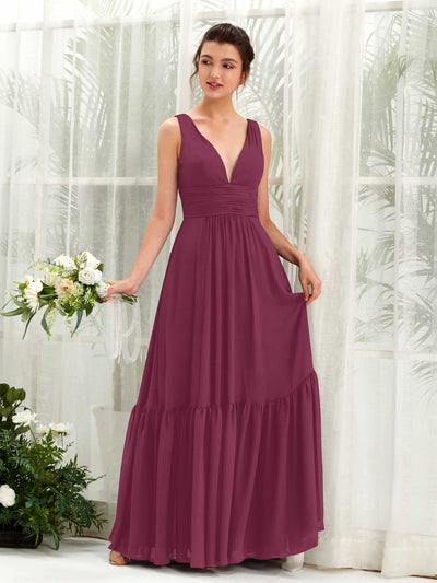 Carlyna A-Linien-Kleid V-Ausschnitt Bodenlang Brautjungfernkleid Chianti #farbe_chianti