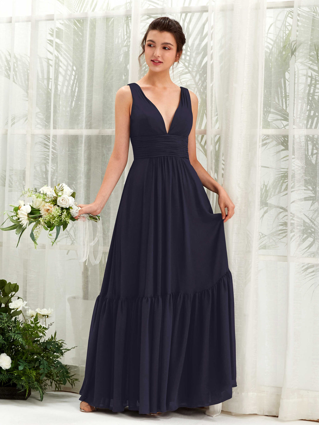 Carlyna A-Linien-Kleid V-Ausschnitt Bodenlang Brautjungfernkleid Dunkel Marineblau 