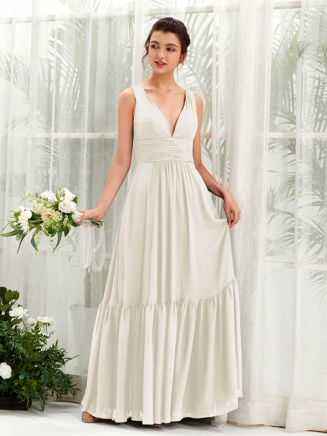 Carlyna A-Linien-Kleid V-Ausschnitt Bodenlang Brautjungfernkleid Elfenbein 