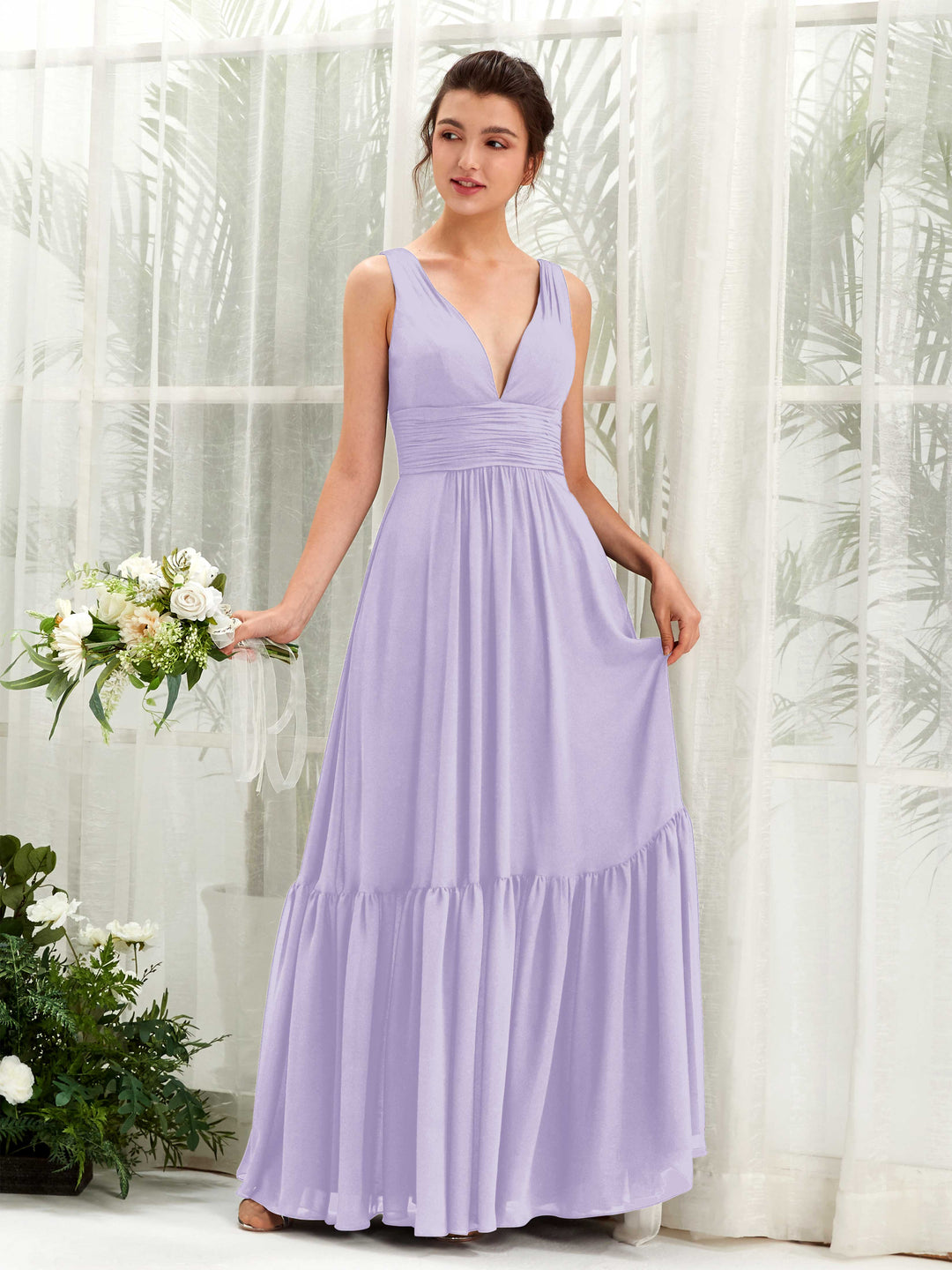 Carlyna A-Linien-Kleid V-Ausschnitt Bodenlang Brautjungfernkleid Flieder 
