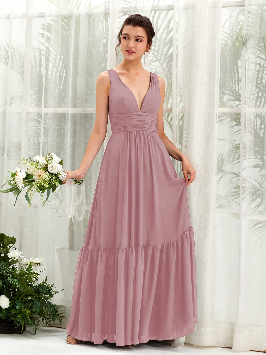 Carlyna A-Linien-Kleid V-Ausschnitt Bodenlang Brautjungfernkleid Klassisch Mauve 
