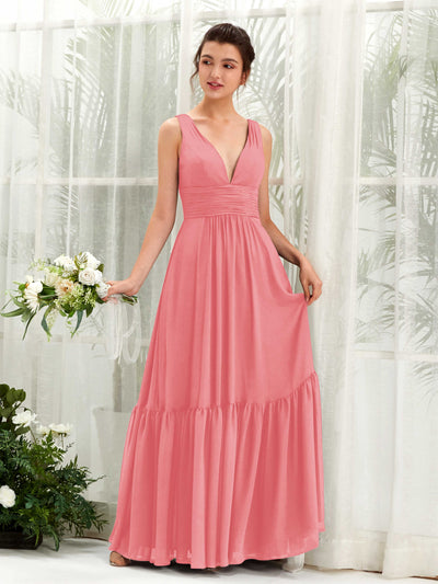 Carlyna A-Linien-Kleid V-Ausschnitt Bodenlang Brautjungfernkleid Korallenrosa #farbe_korallenrosa