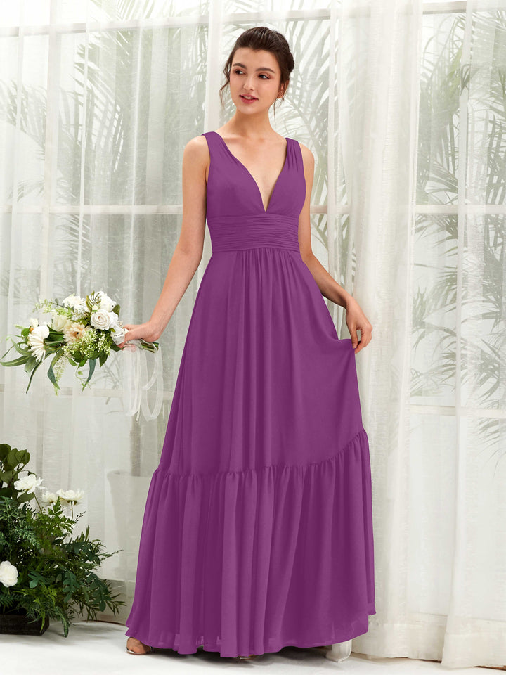 Carlyna A-Linien-Kleid V-Ausschnitt Bodenlang Brautjungfernkleid Lila 