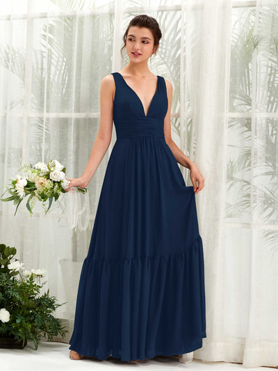 Carlyna A-Linien-Kleid V-Ausschnitt Bodenlang Brautjungfernkleid Marineblau #farbe_marineblau
