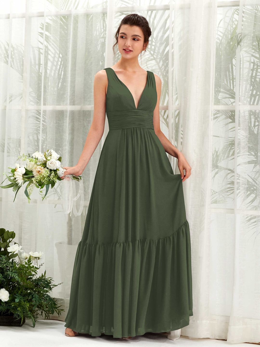 Carlyna A-Linien-Kleid V-Ausschnitt Bodenlang Brautjungfernkleid Martini-Olive 