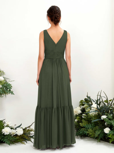 Carlyna A-Linien-Kleid V-Ausschnitt Bodenlang Brautjungfernkleid Martini-Olive #farbe_martini-olive