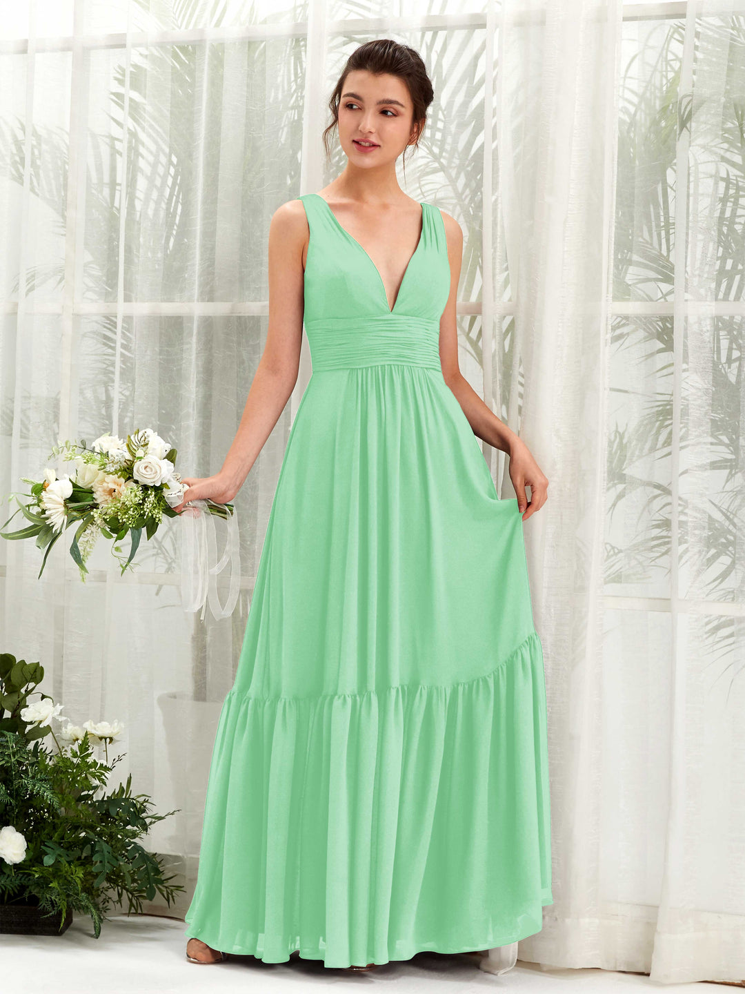 Carlyna A-Linien-Kleid V-Ausschnitt Bodenlang Brautjungfernkleid Minzgrün 