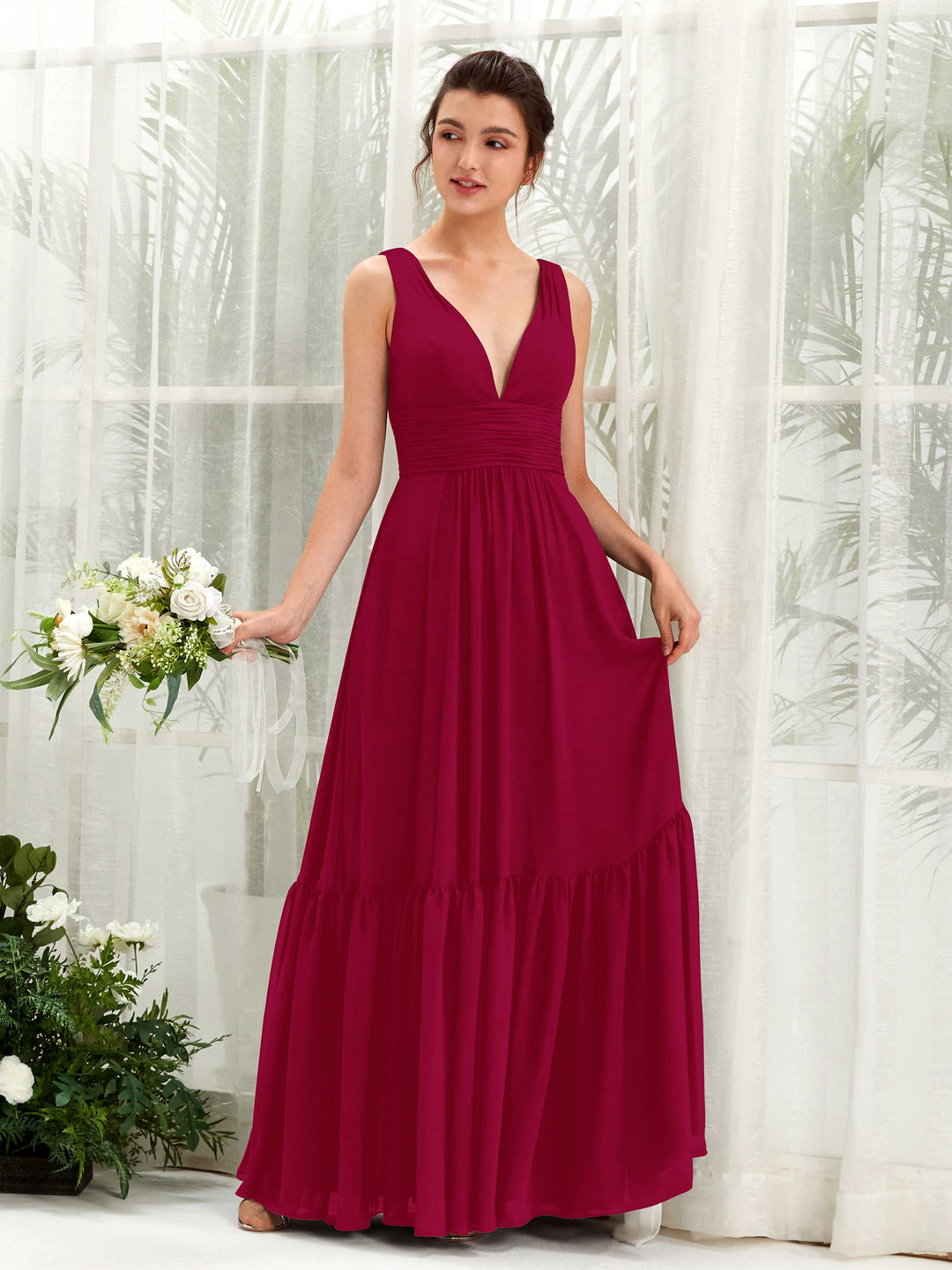 Carlyna A-Linien-Kleid V-Ausschnitt Bodenlang Brautjungfernkleid Narrenrot 
