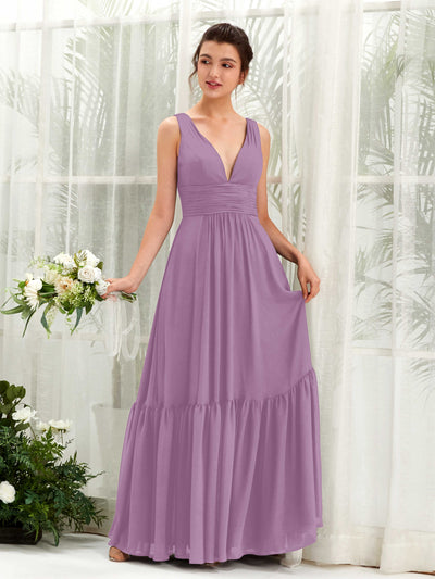 Carlyna A-Linien-Kleid V-Ausschnitt Bodenlang Brautjungfernkleid Orchideen-Nebel #farbe_orchideen-nebel