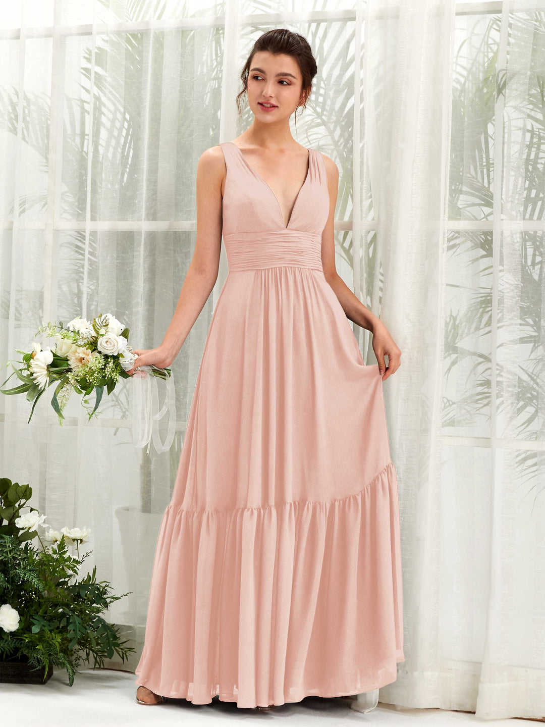 Carlyna A-Linien-Kleid V-Ausschnitt Bodenlang Brautjungfernkleid Perlrosa 