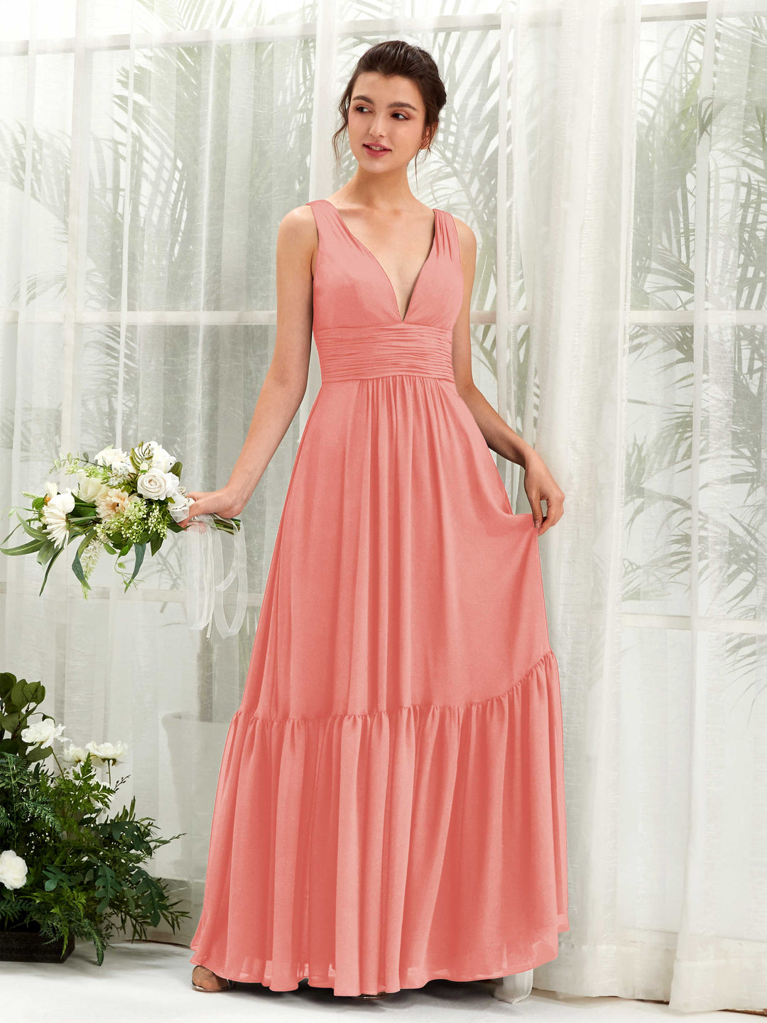 Carlyna A-Linien-Kleid V-Ausschnitt Bodenlang Brautjungfernkleid Pfirsichrosa 