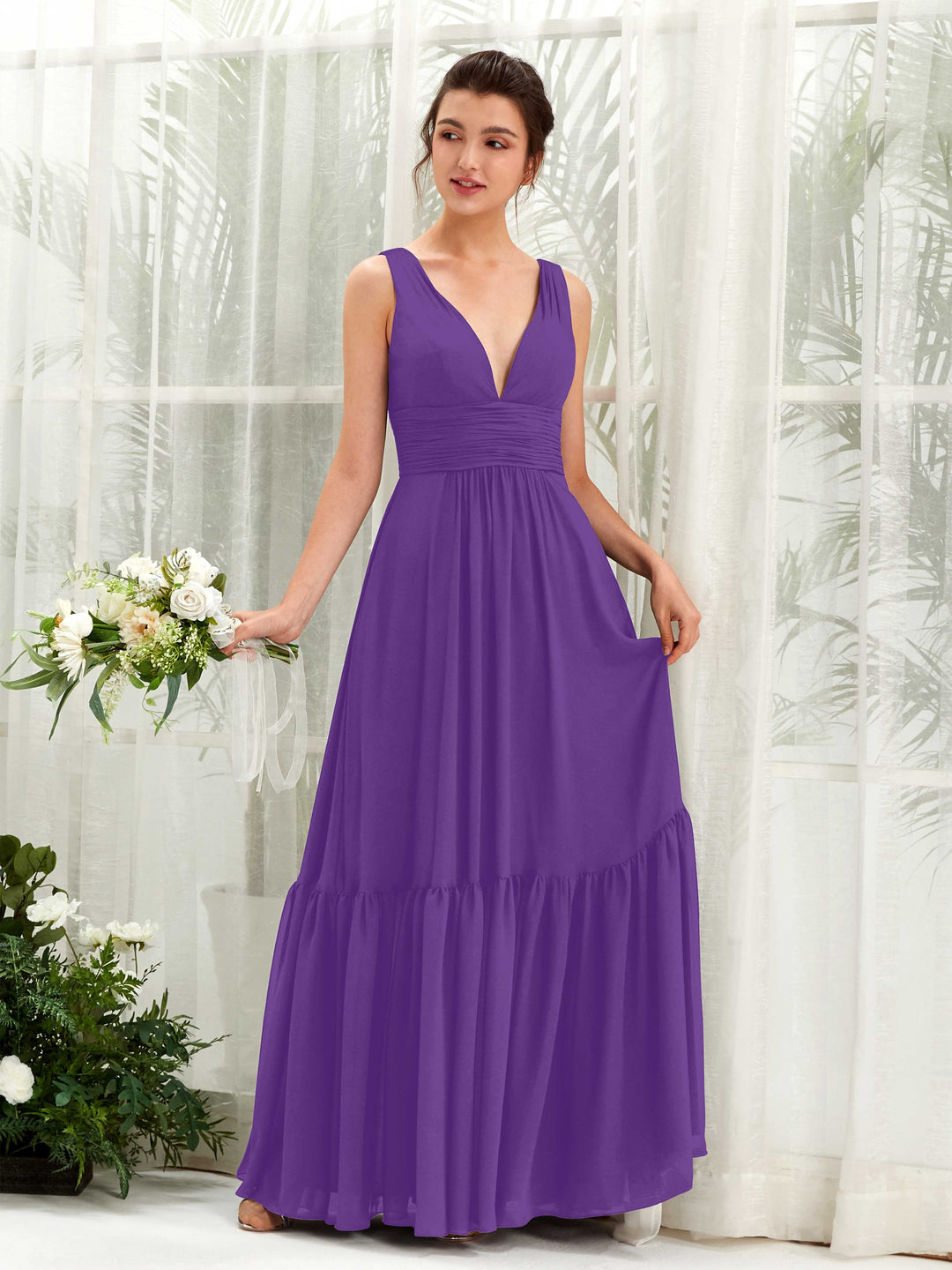 Carlyna A-Linien-Kleid V-Ausschnitt Bodenlang Brautjungfernkleid Regency 