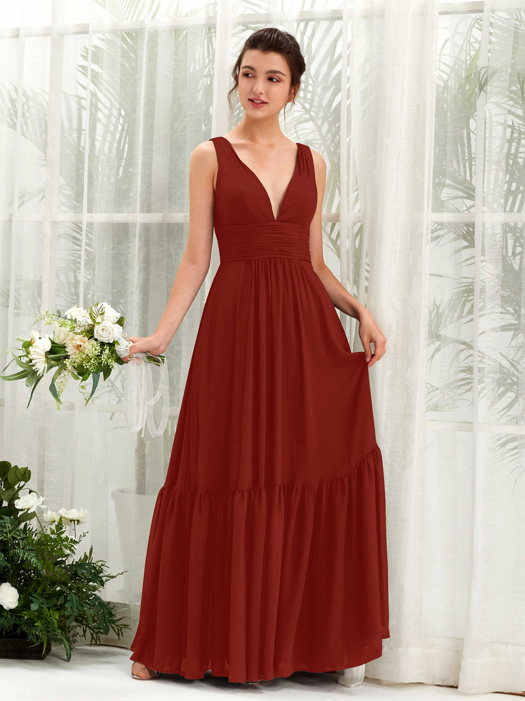 Carlyna A-Linien-Kleid V-Ausschnitt Bodenlang Brautjungfernkleid Rostrot 