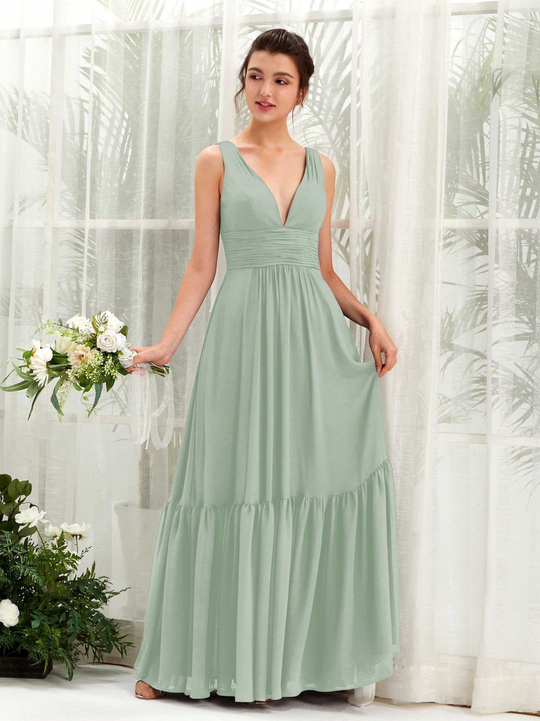 Carlyna A-Linien-Kleid V-Ausschnitt Bodenlang Brautjungfernkleid Salbeigrün 
