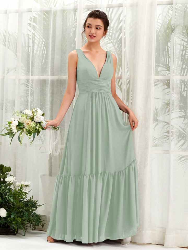 Carlyna A-Linien-Kleid V-Ausschnitt Bodenlang Brautjungfernkleid Salbeigrün 