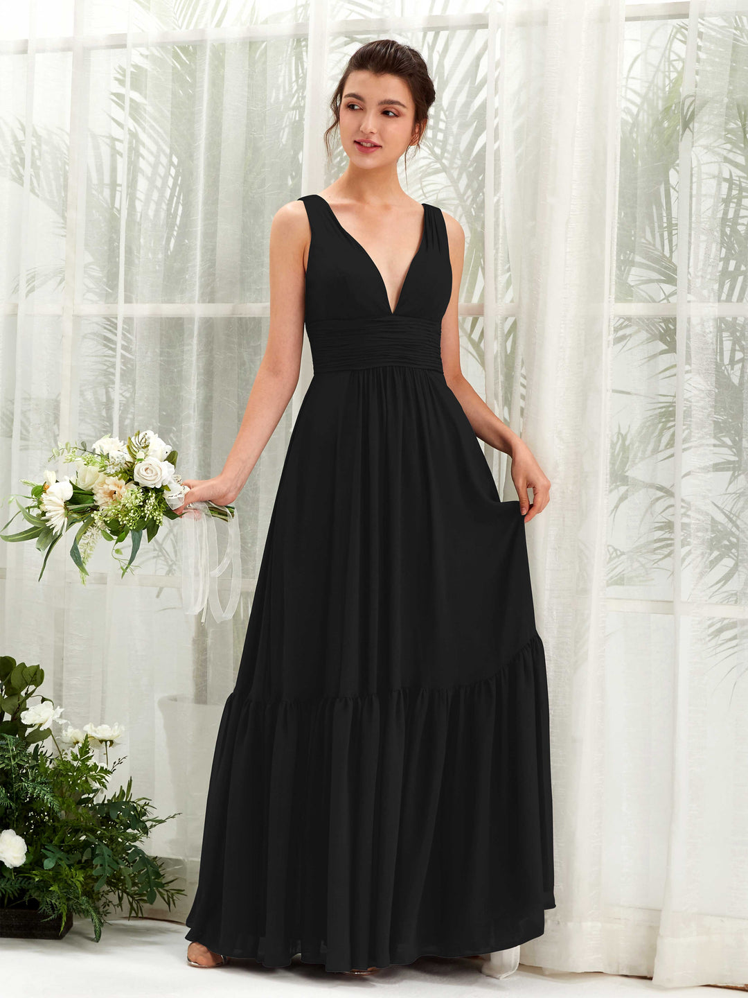 Carlyna A-Linien-Kleid V-Ausschnitt Bodenlang Brautjungfernkleid Schwarz 